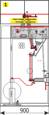 Průřez čelní pohled rozdzielnicy Rotoblok - pole s transformátorem pro vlastní potřeby