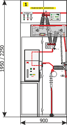Przekrój - Widok z frontu rozdzielnicy Rotoblok - pole transformatorowe wyłącznikowe