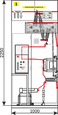 Przekrój - Widok z frontu rozdzielnicy Rotoblok - pole transformatorowe wyłącznikowe