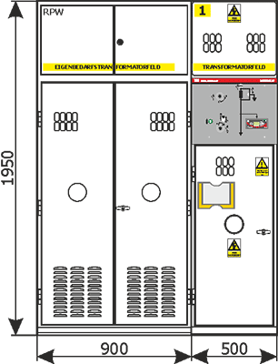  Widok z frontu  rozdzielnicy Rotoblok SF - pole z transformatorem potrzeb własnych o mocy max 25kVA