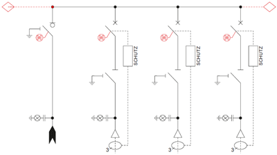 Schemat elektryczny rozdzielnicy TPM - pole liniowe i 3 pola wyłącznikowe