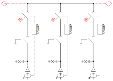 Schemat elektryczny rozdzielnicy TPM - 3 pola wyłącznikowe