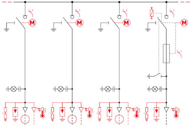 Typische Konfigurationen – Vierfeldanordnung – LLLT (3 lineare Felder, 1 Transformatorfeld)