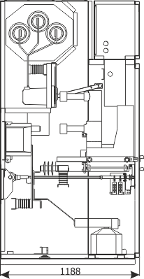 Cross-section - Feeder bay with circuit breaker and a separate compartment of main busbars, 12 kV