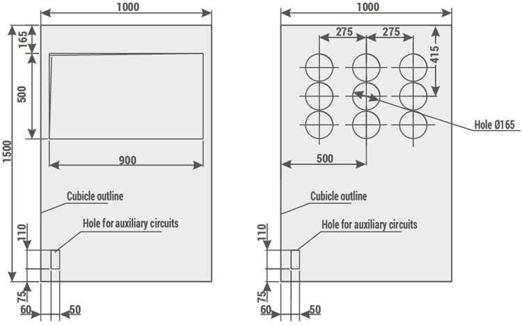 RELF - Floor hole layout for cabinets with a width of 1000 mm