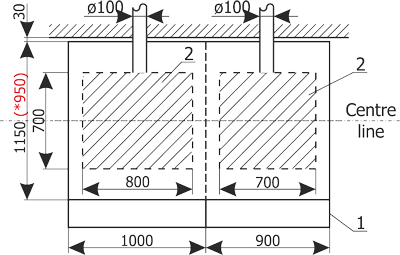 Top view - version with separate outgoing feeders and cable entries at the rear of the Rotoblok switchgear